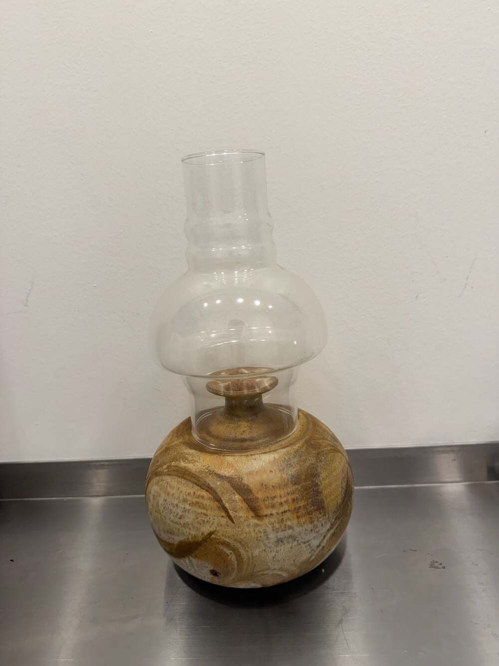 Vintage Studio Pottery Signed Hurricane Oil Lamp Signed Stoneware Glass Chimney
